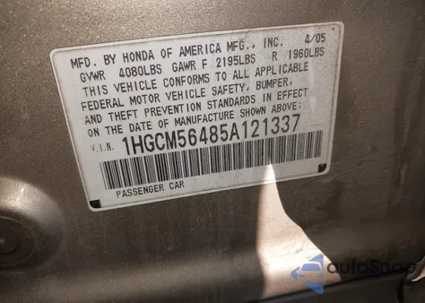 2005 Honda Accord 2.4 Lx z USA, uszkodzony, nr VIN 1HGCM56485A121337